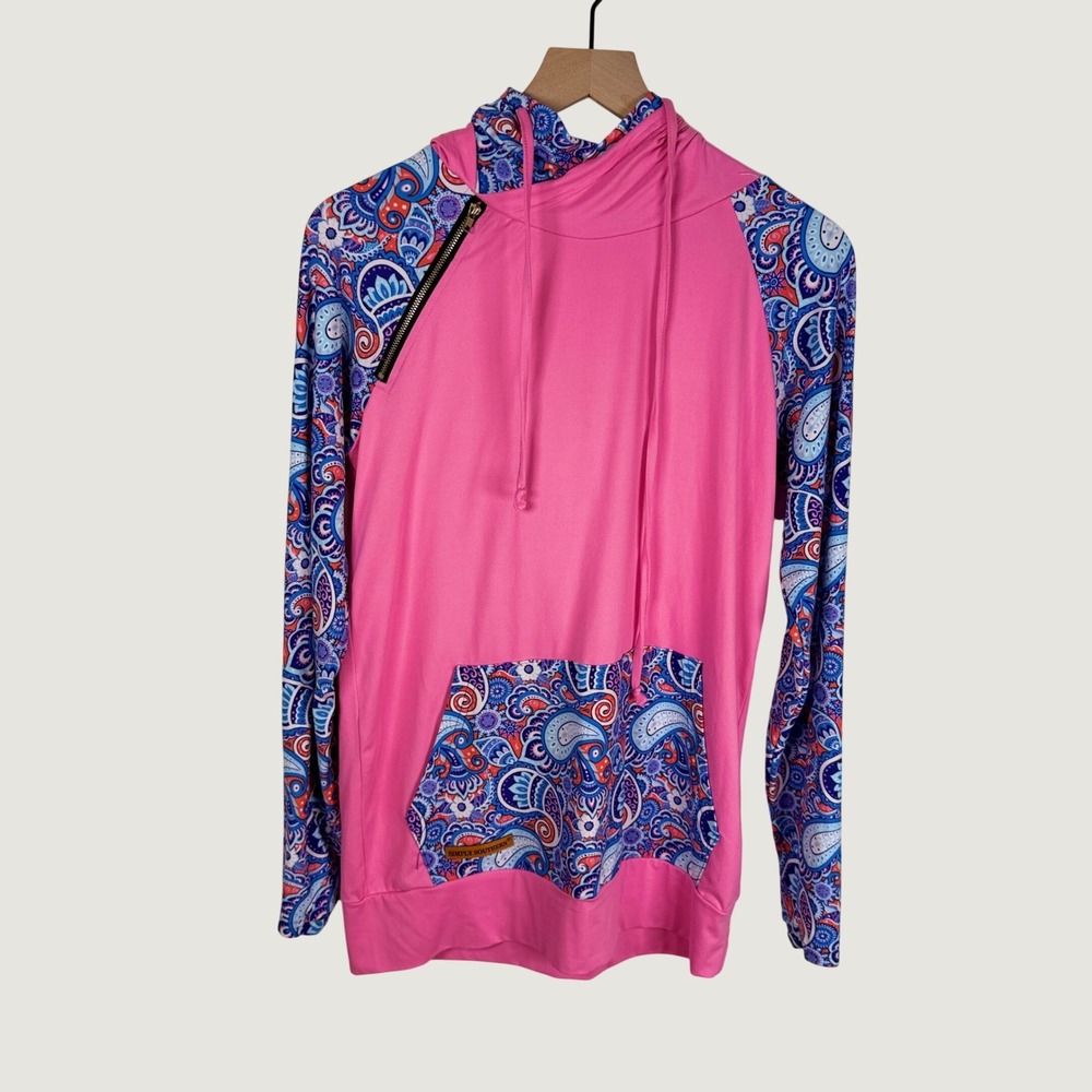 Simply Southern Pink Paisley Raglan Small Asymmetrical Zip Pocket Double Hooded